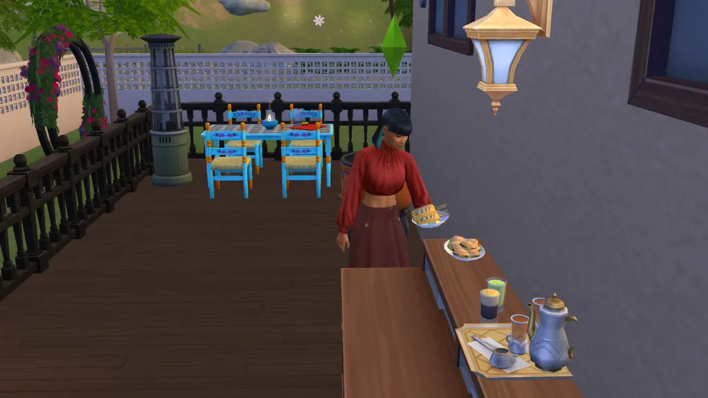 A Sim grabbing a pile of elote off a bar on a deck in The Sims 4: Adventure Awaits. She's in Tartosa.