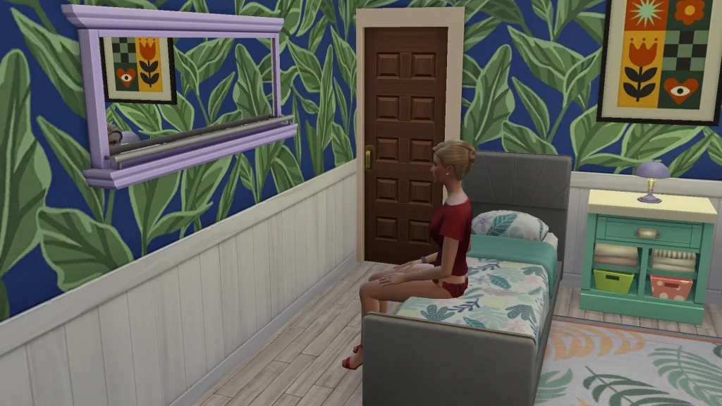A Sim staring at a wall sat on a bed in a maximalist room in her underwear in The Sims 4.