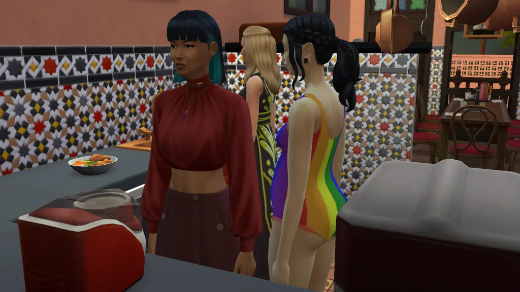 Three Sims scowling in a kitchen while staring at the walls, surrounded by tiles, appliances, and food. One is wearing a swimsuit while the others wear formal clothes.