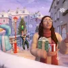 Three Sims in The Sims: Freeplay looking excited in a snowy street in Plumburg as a part of the Hygge Holidays update.