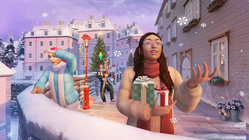 Three Sims in The Sims: Freeplay looking excited in a snowy street in Plumburg as a part of the Hygge Holidays update.