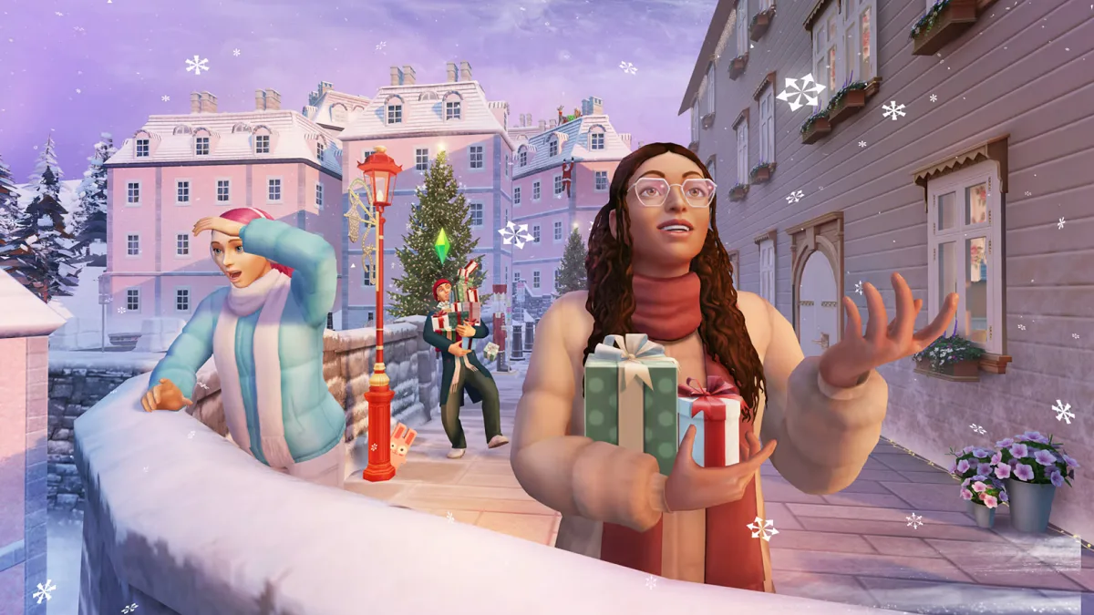 Three Sims in The Sims: Freeplay looking excited in a snowy street in Plumburg as a part of the Hygge Holidays update.