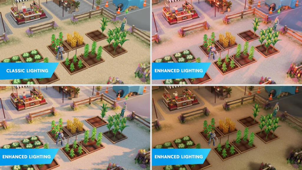 Three images of enhanced lighting in The Sims: Freeplay showing garden patches, stalls, and comparisons of sunset and shadows.