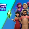 A group of quirky individuals in various moods, with one holding aloft the Sims plumbob. The title reads 'Sims lab: town stories'.