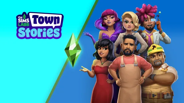 A group of quirky individuals in various moods, with one holding aloft the Sims plumbob. The title reads 'Sims lab: town stories'.
