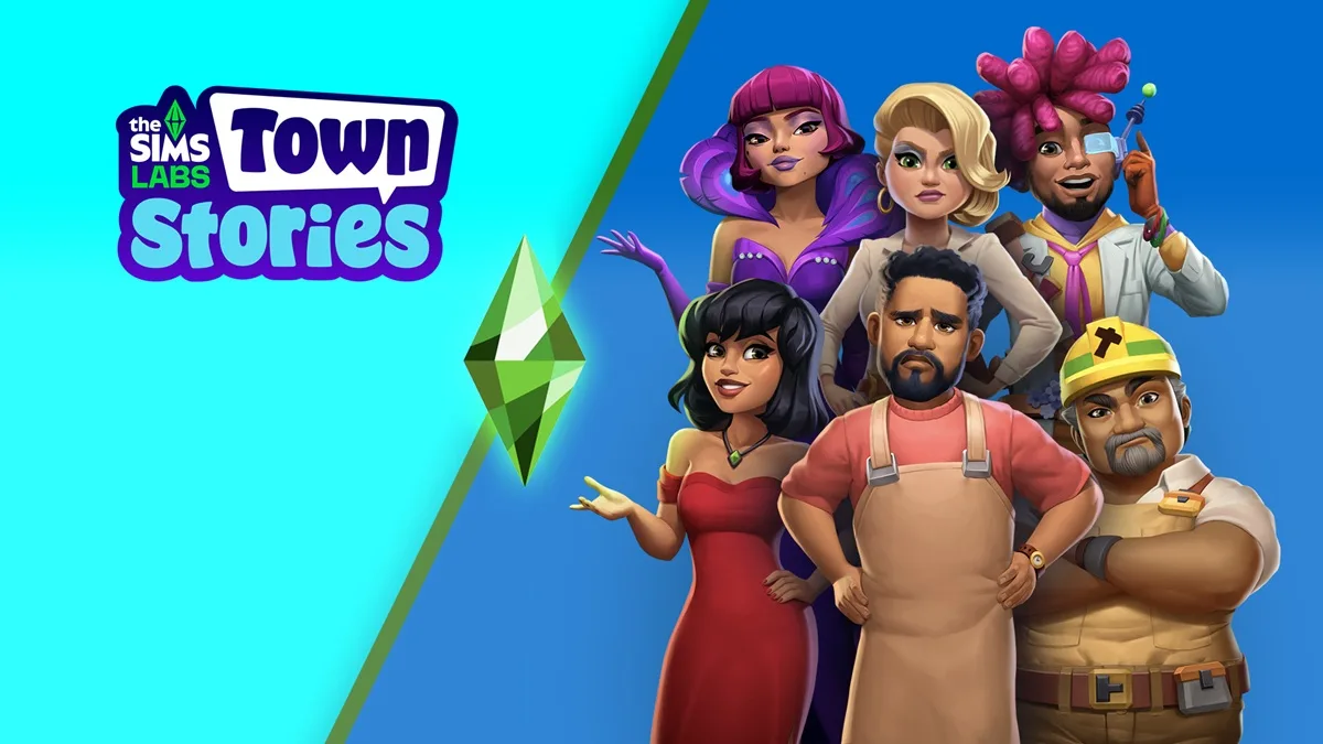 A group of quirky individuals in various moods, with one holding aloft the Sims plumbob. The title reads 'Sims lab: town stories'.