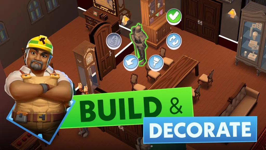 A picture of a grumpy old man stood next to words reading 'Build & Decorate' in front of a screenshot of customising a home.