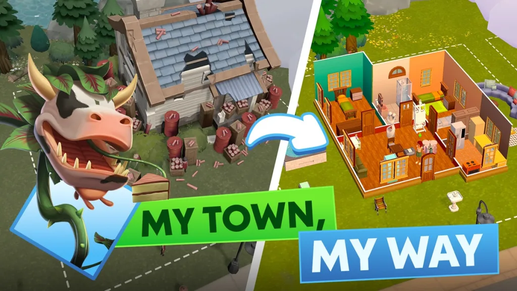 A large carnivorous plant with cow-like shading and horns in front of text that reads 'My town, my way' showing a house before/after when it is renovated.